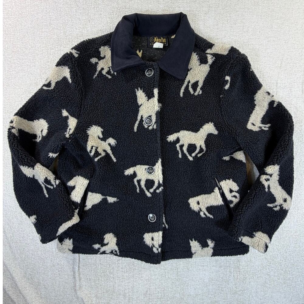 David Paul New York Women M Black Tan Vintage Western Horse Print Fleece Jacket